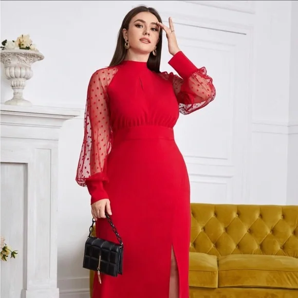 Shein Dresses | Shein Modely Plus Dobby Mesh Sleeve Split Hem Peekaboo Dress | Color: Red | Size: 3X | Thetoniedit's Closet